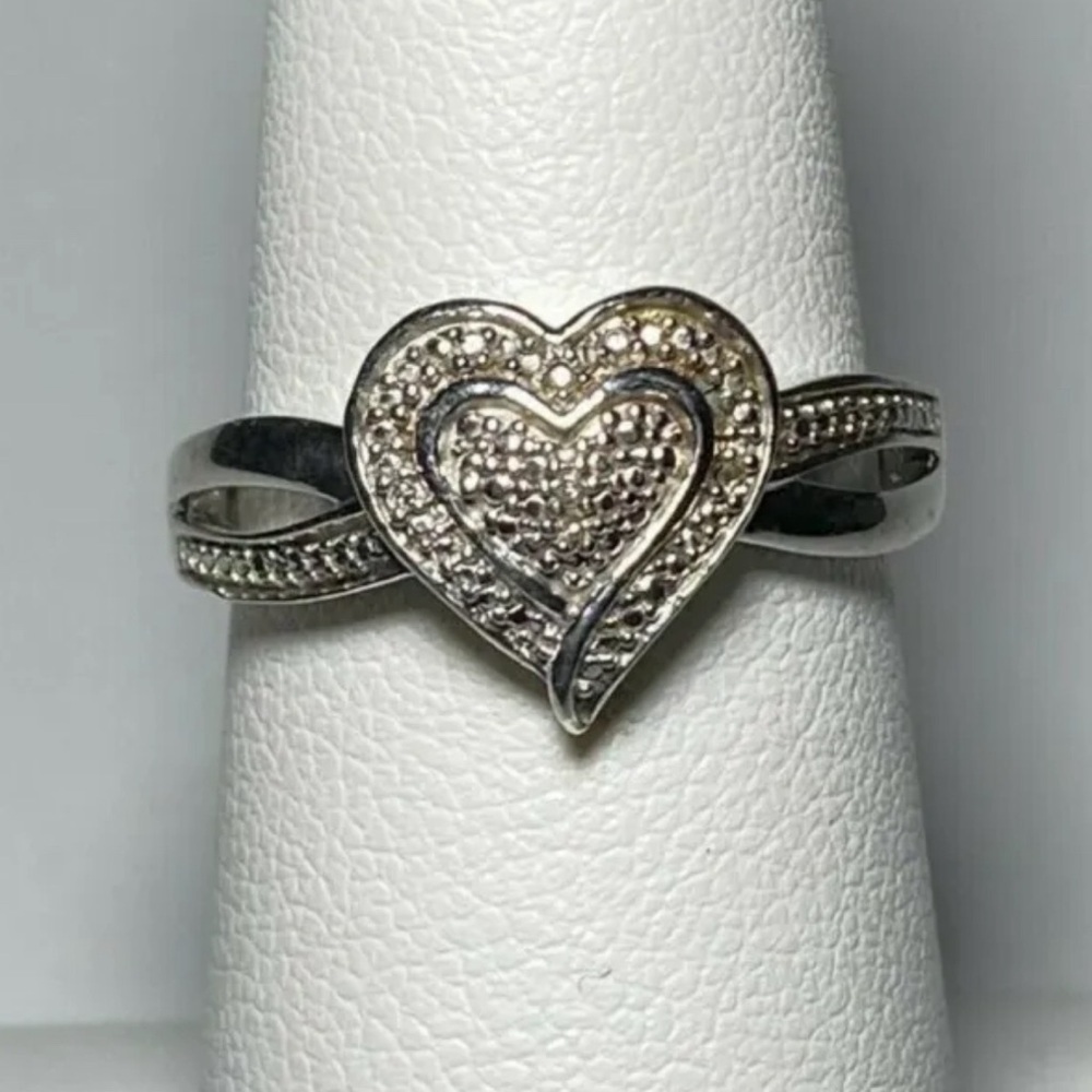 .925 Sterling Silver 0.14ctw Genuine Pave Diamond Accent Heart Shaped Ring Sz 5